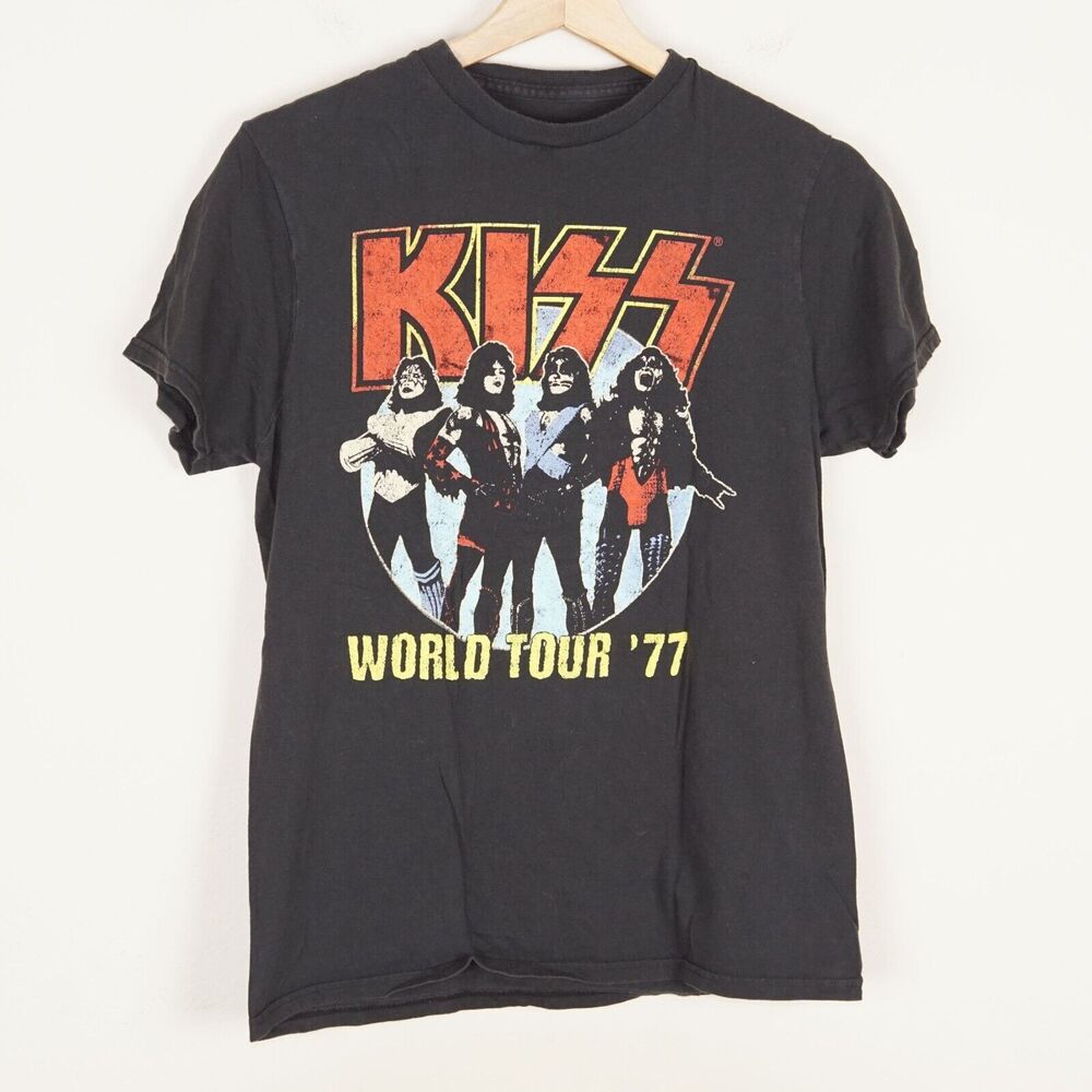 Kiss World Tour 1977 Black Short Sleeve Cotton Shirt Sz S
